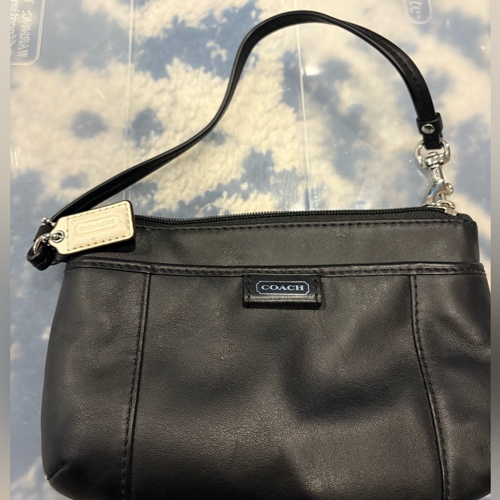 Coach Black Leather Wristlet Clutch with Logo Tag